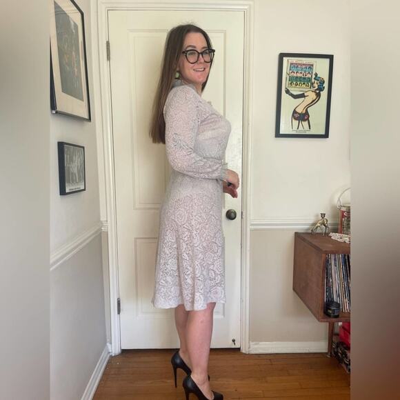 70s Vintage Silver Knit Lurex Faux Wrap Dress - Picture 2 of 6